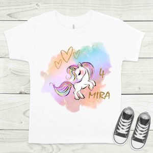 Unicornis fehér gyermek póló névvel, életkorral
