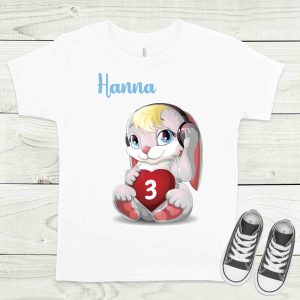 Nyuszi fehér gyermek póló névvel, életkorral