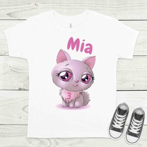 Cica fehér gyermek póló névvel, életkorral