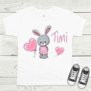 Nyuszi szivecskékkel fehér gyermek póló névvel