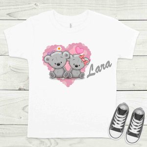 Szerelmes macik fehér gyermek póló névvel