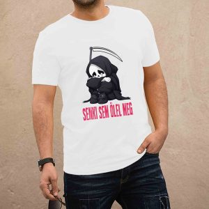 Senki sem ölel meg fehér férfi póló (piros felirat)