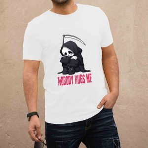 Nobody hugs me fehér férfi póló (piros felirat)