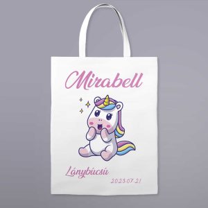 Névre szóló vászontáska lánybúcsúra unikornissal (fehér)