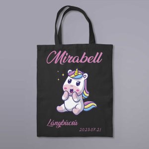 Névre szóló vászontáska lánybúcsúra unikornissal (fekete)