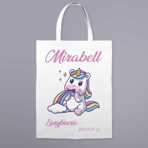 Névre szóló vászontáska lánybúcsúra szivárványos unikornissal (fehér)